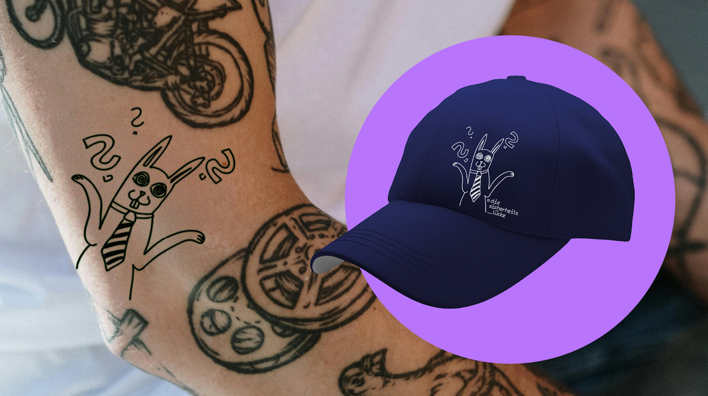 Beispiel für Merchandiseprodukte Cap und Tattoo